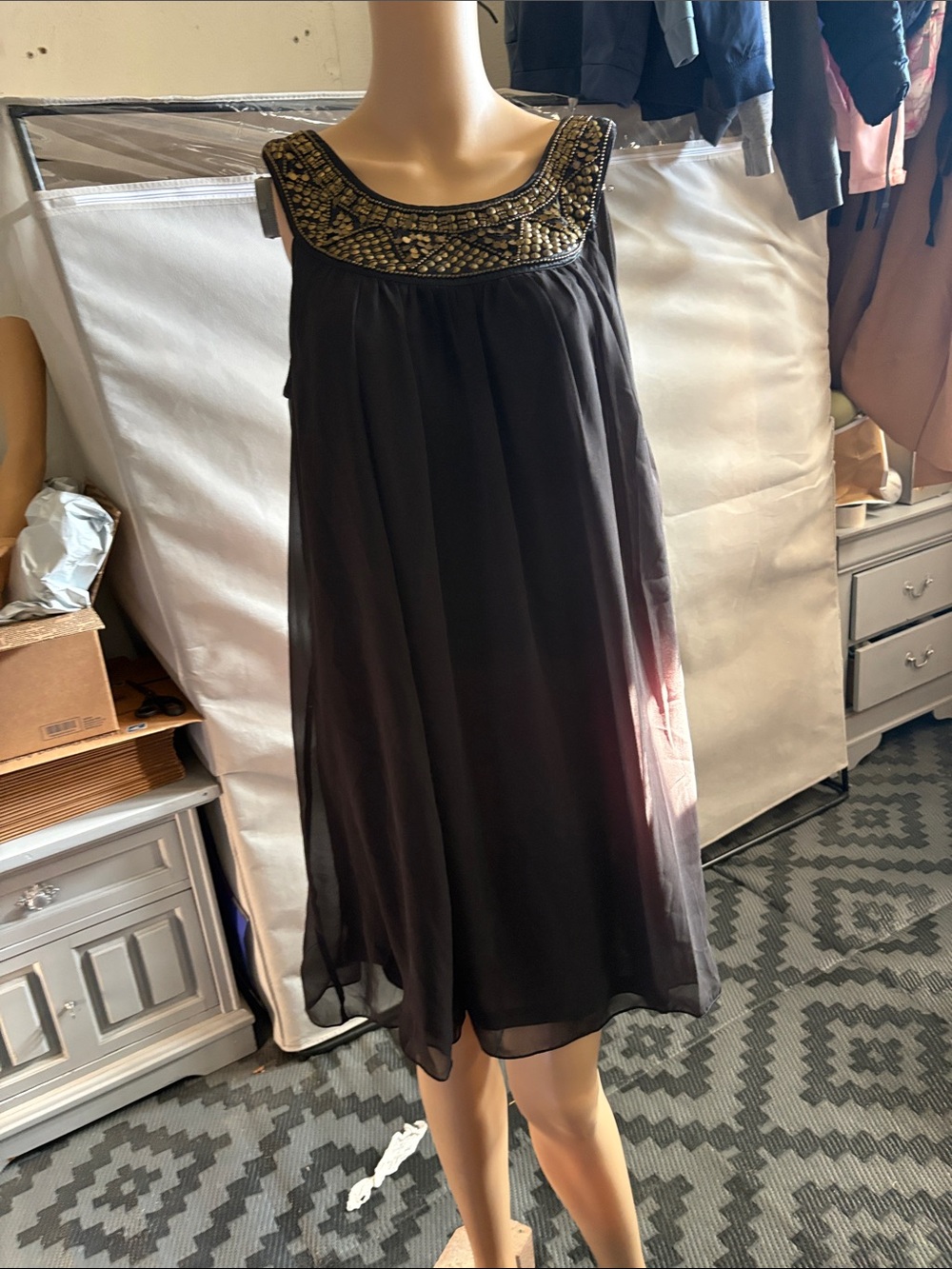 H&M Black Sleeveless Beaded Yoke Mini Dress
